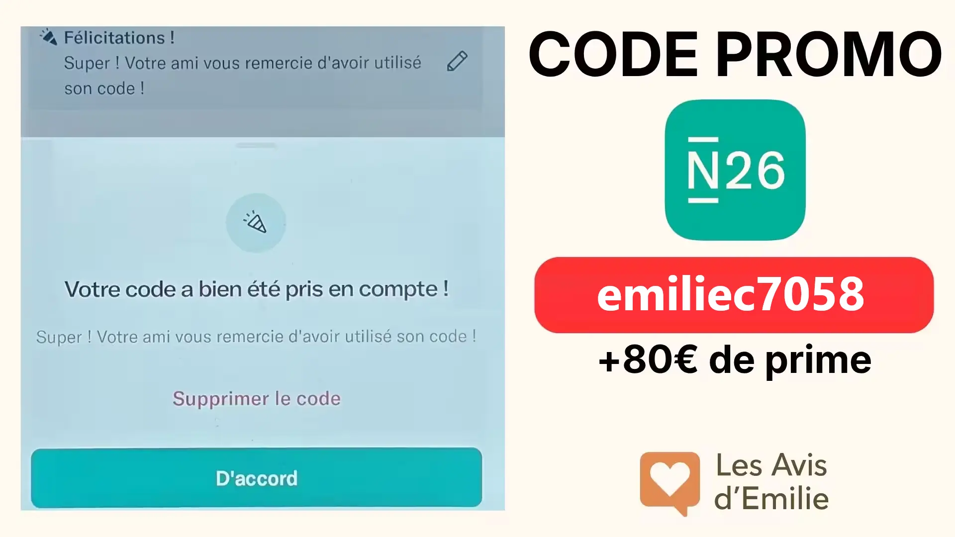 Code parrainage N26 <strong class="lp-cpe-masked">emiliec7058</strong>: 80€ offerts lors de la création de votre compte 3 code promo N26 80 euros parrainage