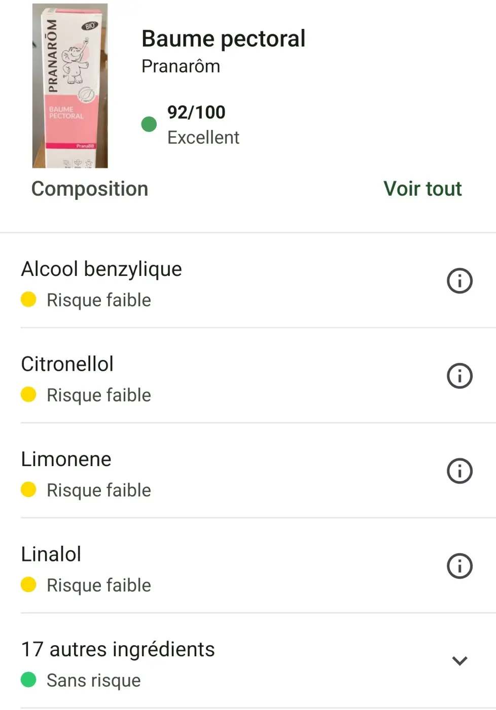 J'ai testé Pranarom : mon avis sur les remèdes naturels et baume pour bébé 12 Note Yuka 92/100 du baume pectoral bébé Pranarom