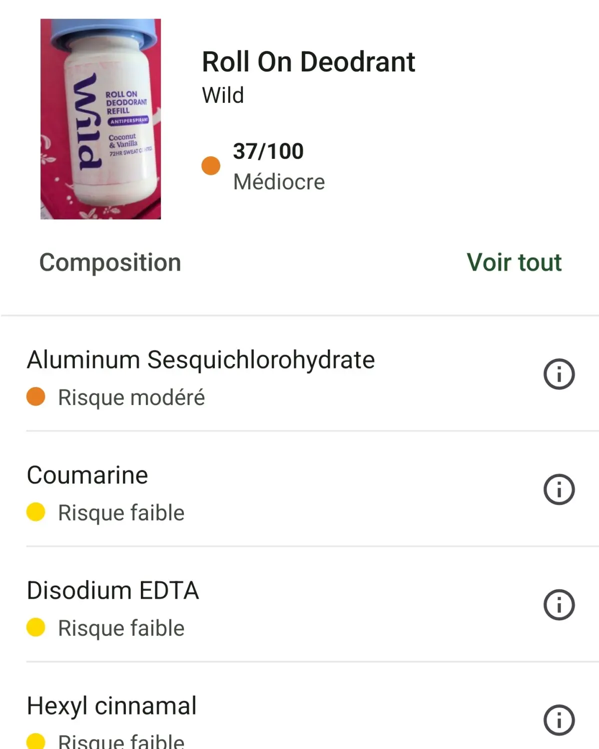 Avis déodorants Wild : de Excellent à Médiocre sur Yuka... Mon avis avec test des déos 9 screenshot note yuka roll on wild deodorant mediocre
