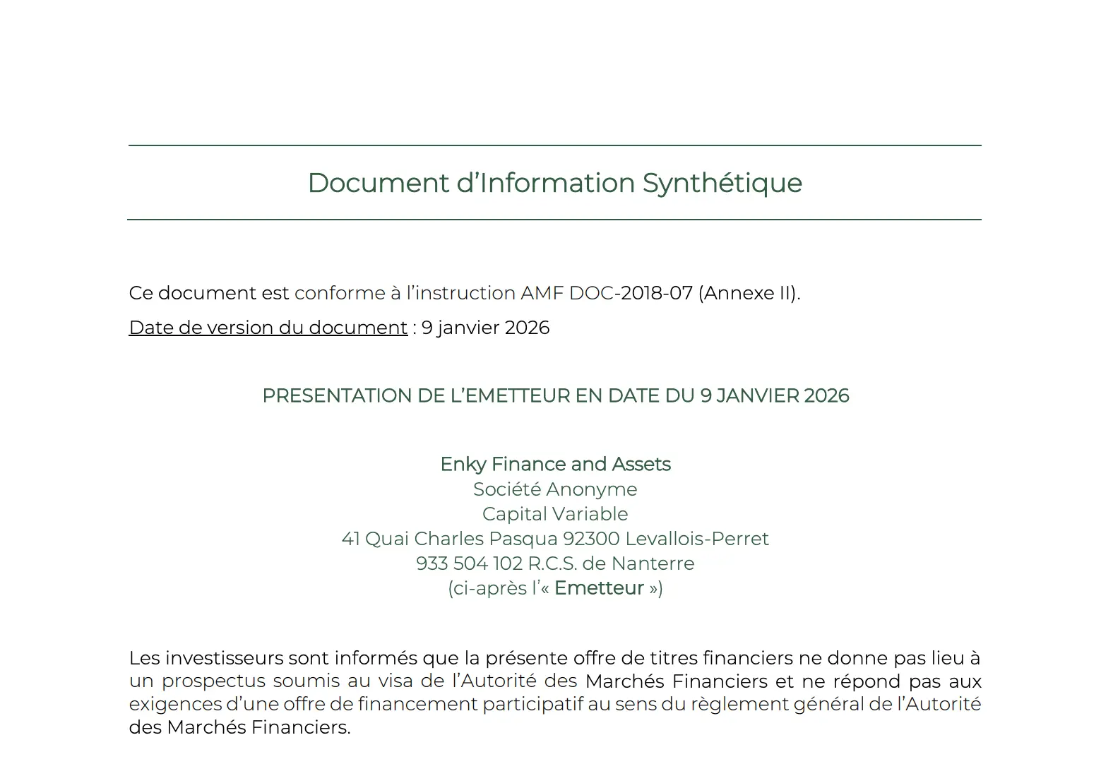 Mon avis sur Enky Invest : analyse et test du modèle de crowdfunding 9 document information synthetique dis amf enky invest