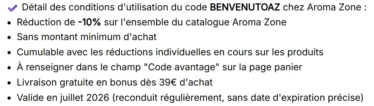 Les Avis d’Emilie et ses codes promo exclusifs : Notre démarche expliquée 2 exemple conditions utilisation code lesavisdemilie aromazone