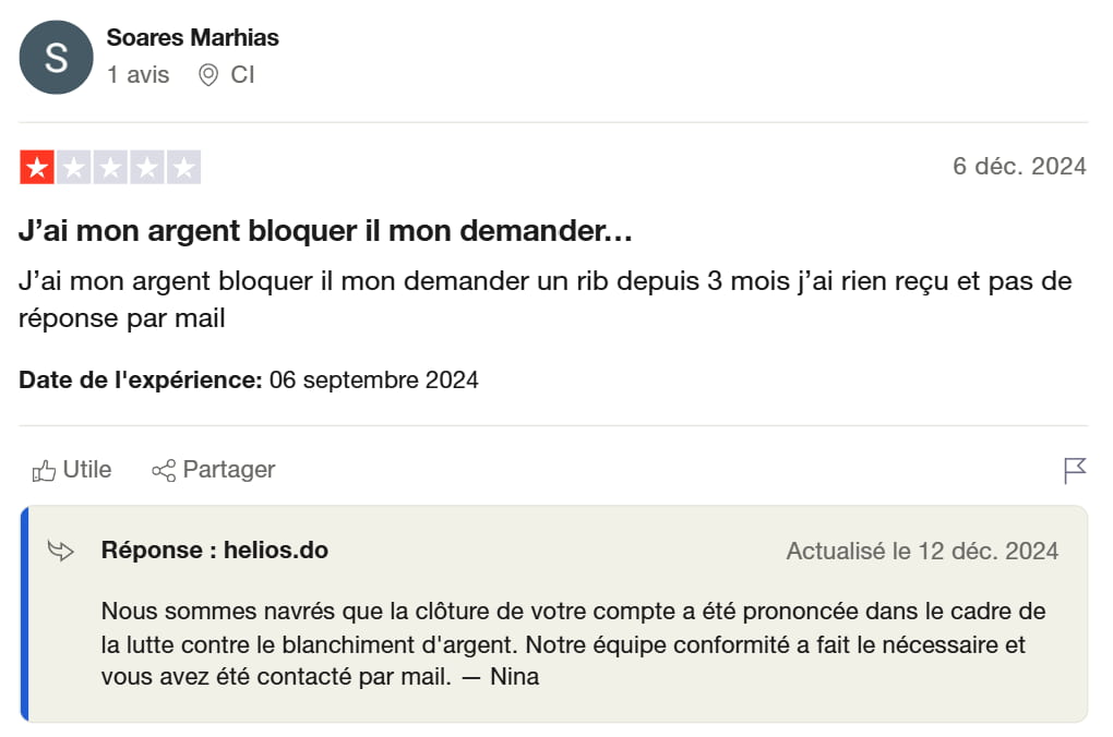 Helios : mon avis sur l'alternative bancaire écologique avantages et inconvénients 8 avis client negatif helios bloque 1