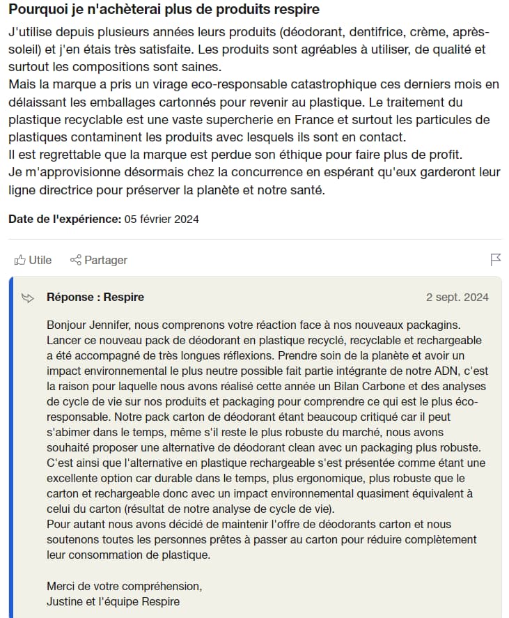 Je teste les déodorants et soins Respire : mon avis personnel avec analyse Yuka 12 avis negatif respire