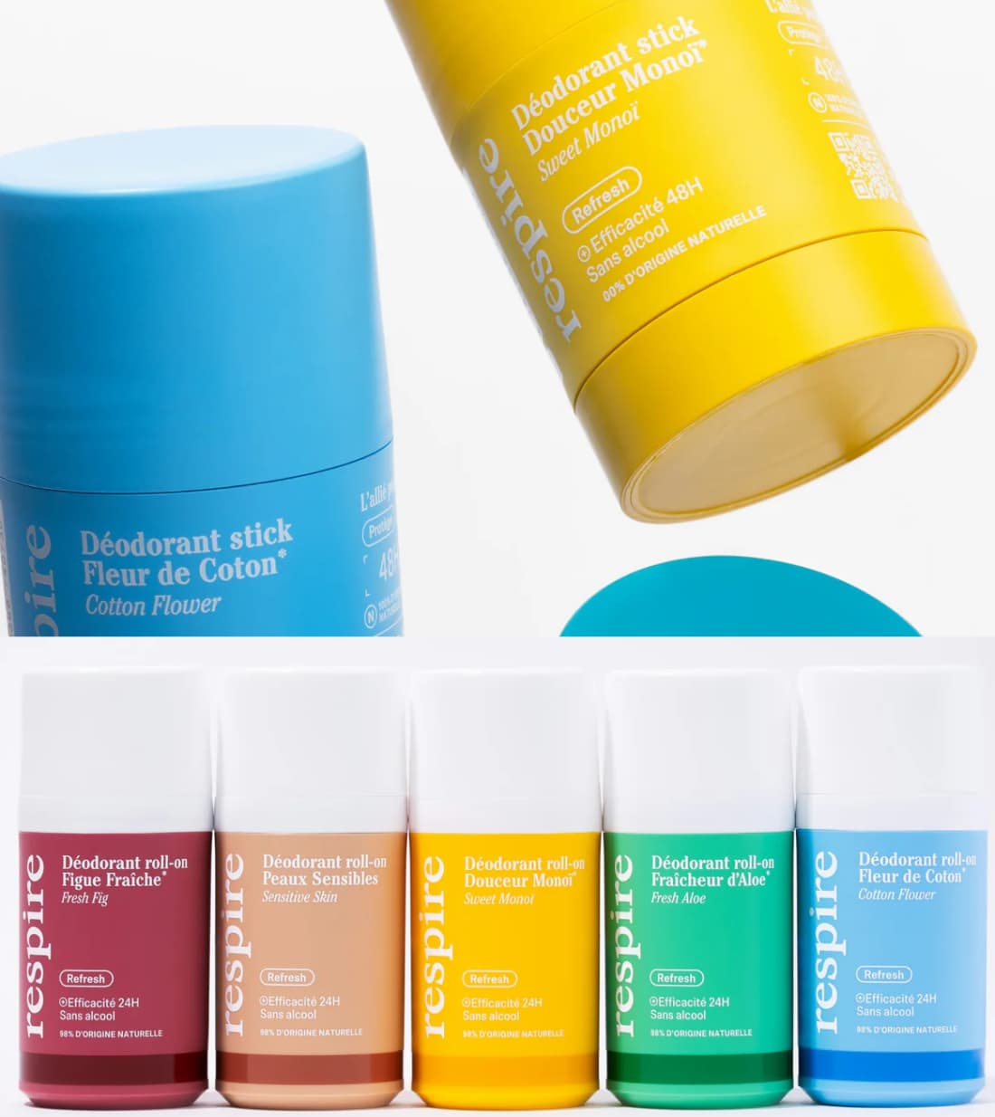 Je teste les déodorants et soins Respire : mon avis personnel avec analyse Yuka 2 deodorants respire sticks et rollon photo