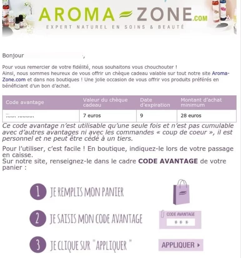 Code Promo Aroma Zone Influenceuse : -30% de réduction + livraison offerte 3 exemple code promotionnel aromazone 1