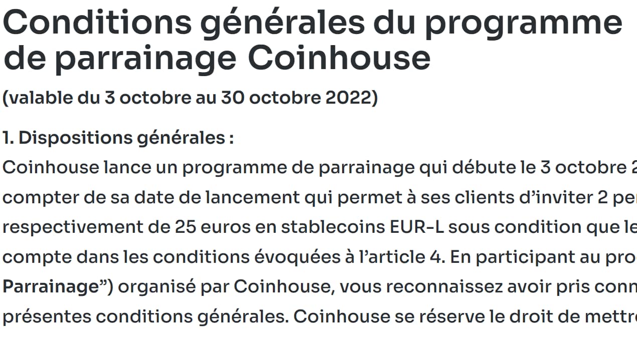 Code Parrainage Coinhouse 50€ offerts avec le parrainage 3 extrait programme parrainage coinhouse 1