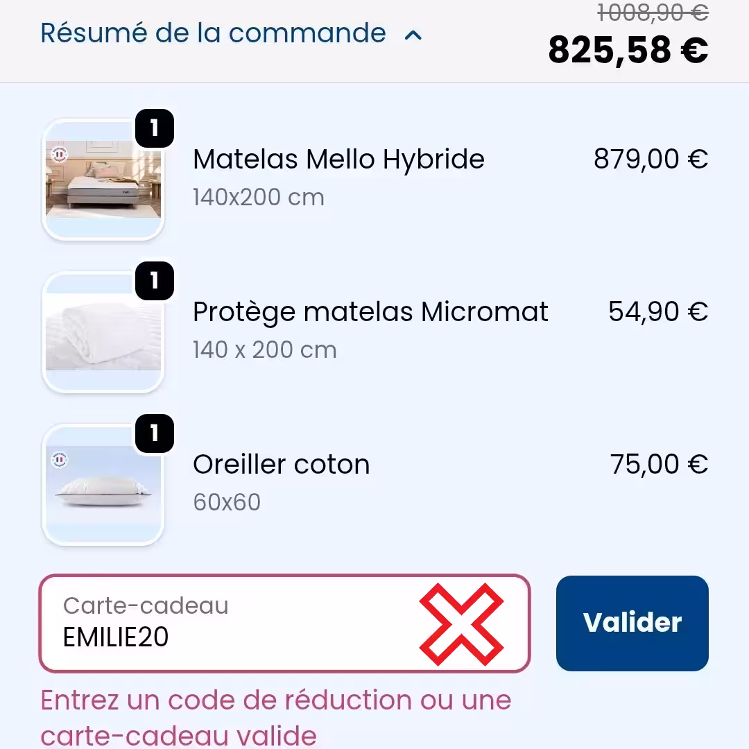 Code Promo Mello Matelas : EMILIE20 pour 20€ offerts 2 attention bug mello matelas saisie code 1