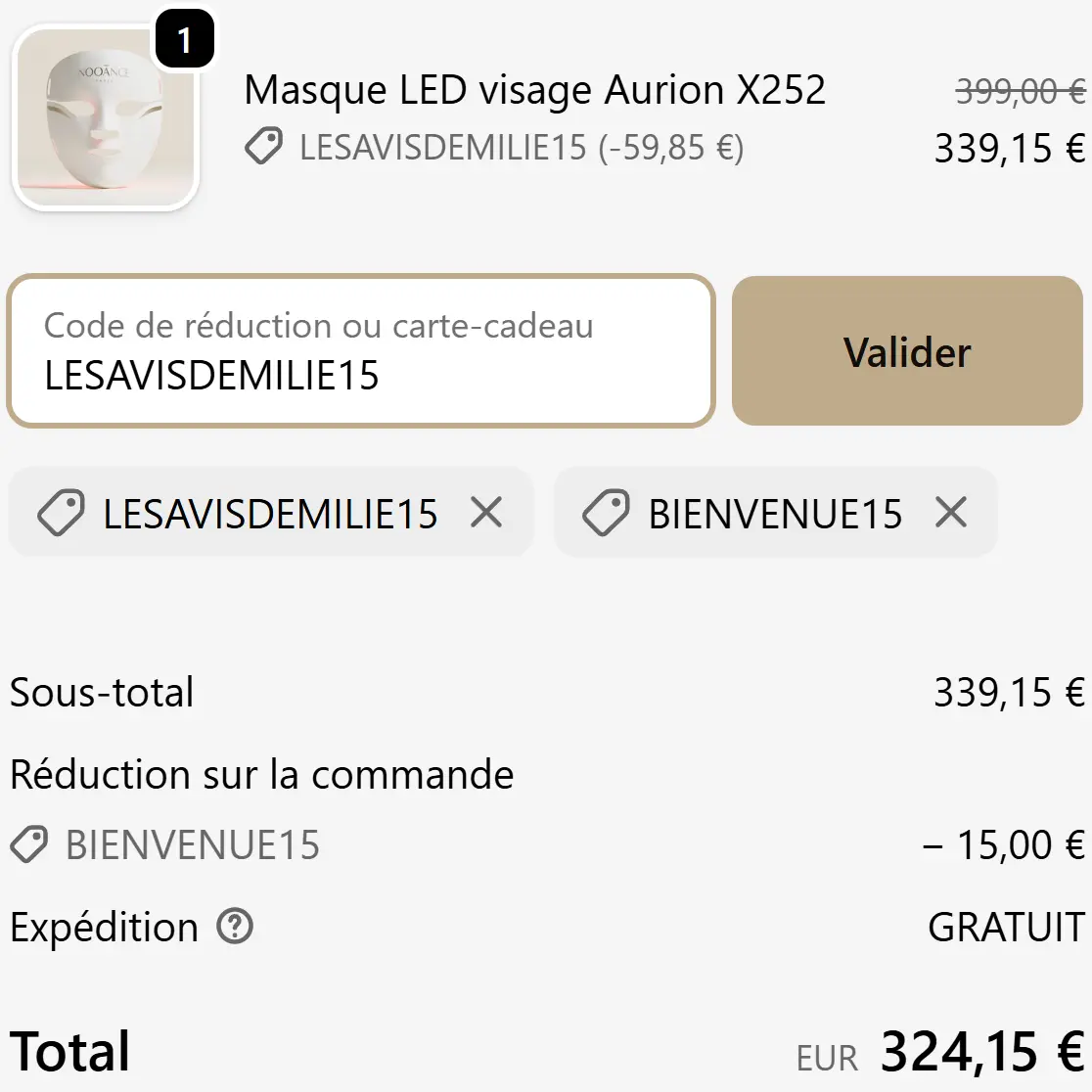 Code Promo Nooance : 15% à 25% de remise avec mon code influenceur 5 demonstration cumul code influenceur lesavisdemilie15 et code newsletter bienvenue15 nooance