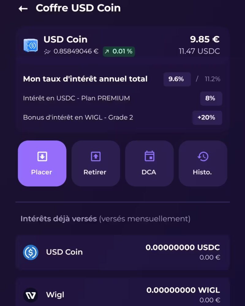 Wigl : mon avis en tant que client - Retour d'expérience complet et chiffré 8 placement coffre usdc wigl rendement