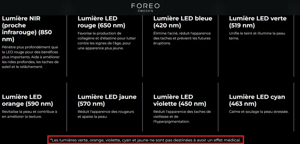 Mon avis sur le masque LED de Foreo : joli design, peu de puissance 9 couleurs inutiles masque led foreo visuel du site officiel