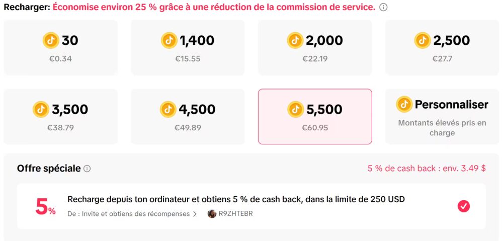 Code Parrainage Tiktok Coins : R9ZHTEBR pour 30% de réduction 4 interface tiktok coins recharge bonus parrainage tiktok lesavisdemilie
