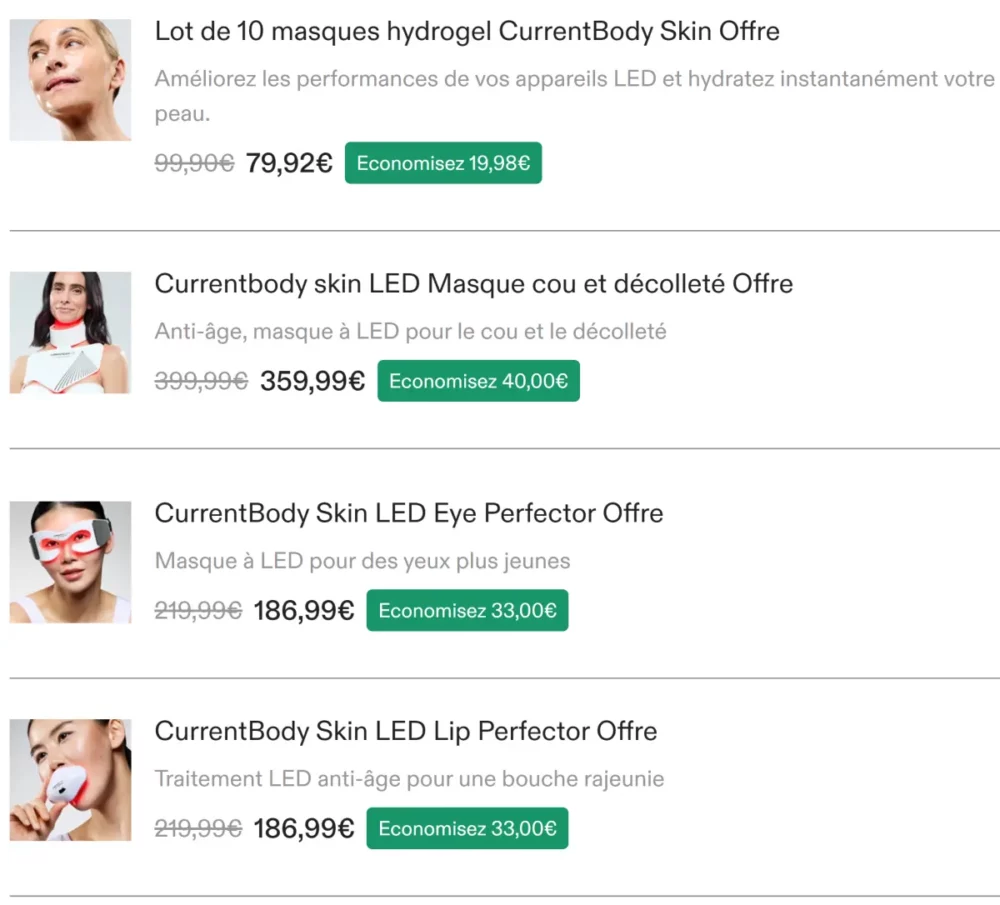 Code Promo Currentbody : 15% de réduction offerts avec mon code influenceur 4 exemples offres groupees currentbody