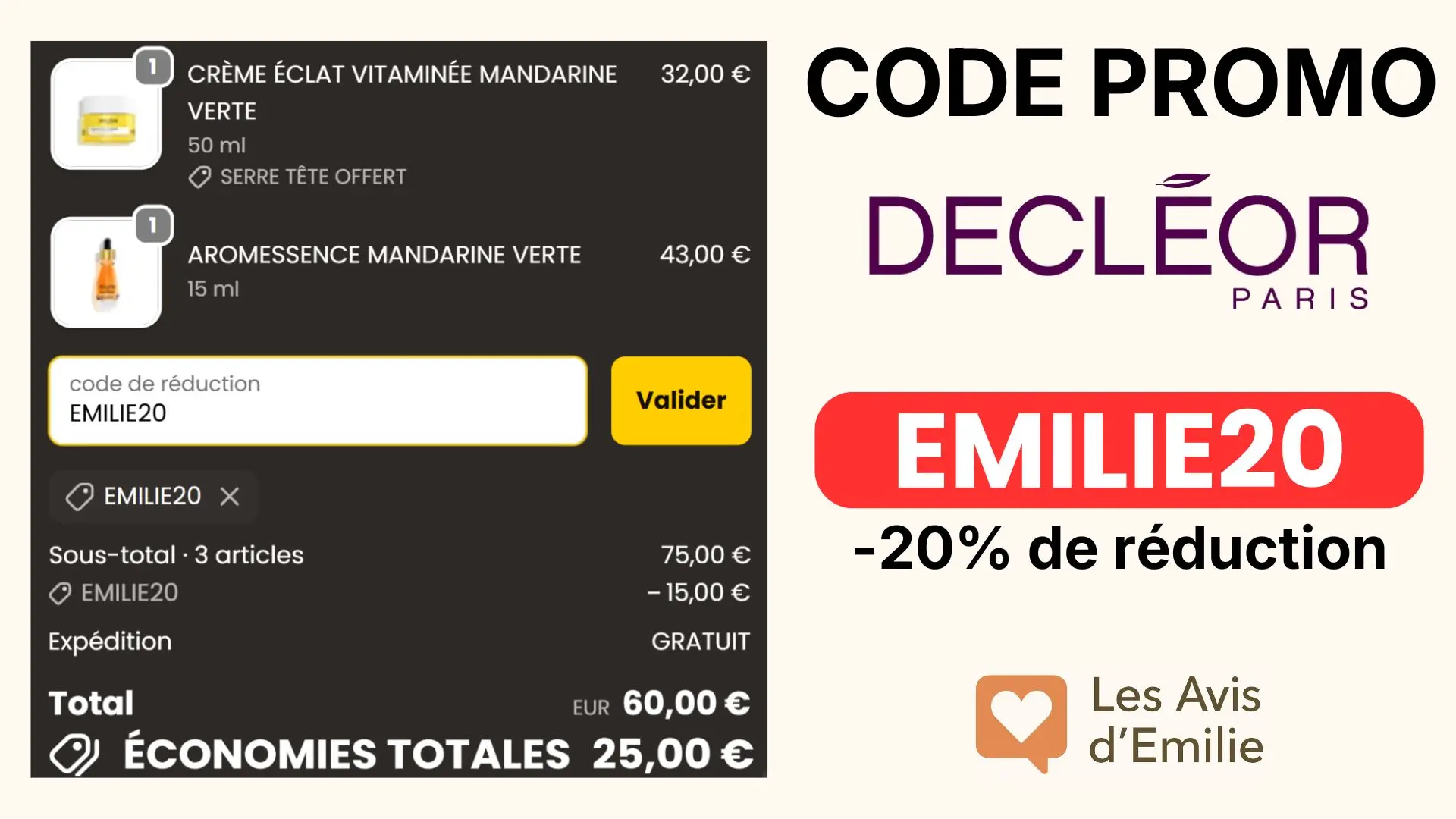 Code Promo Decléor : 20% de remise avec le code <span class="lp-cpe-masked">EMILIE20</span>