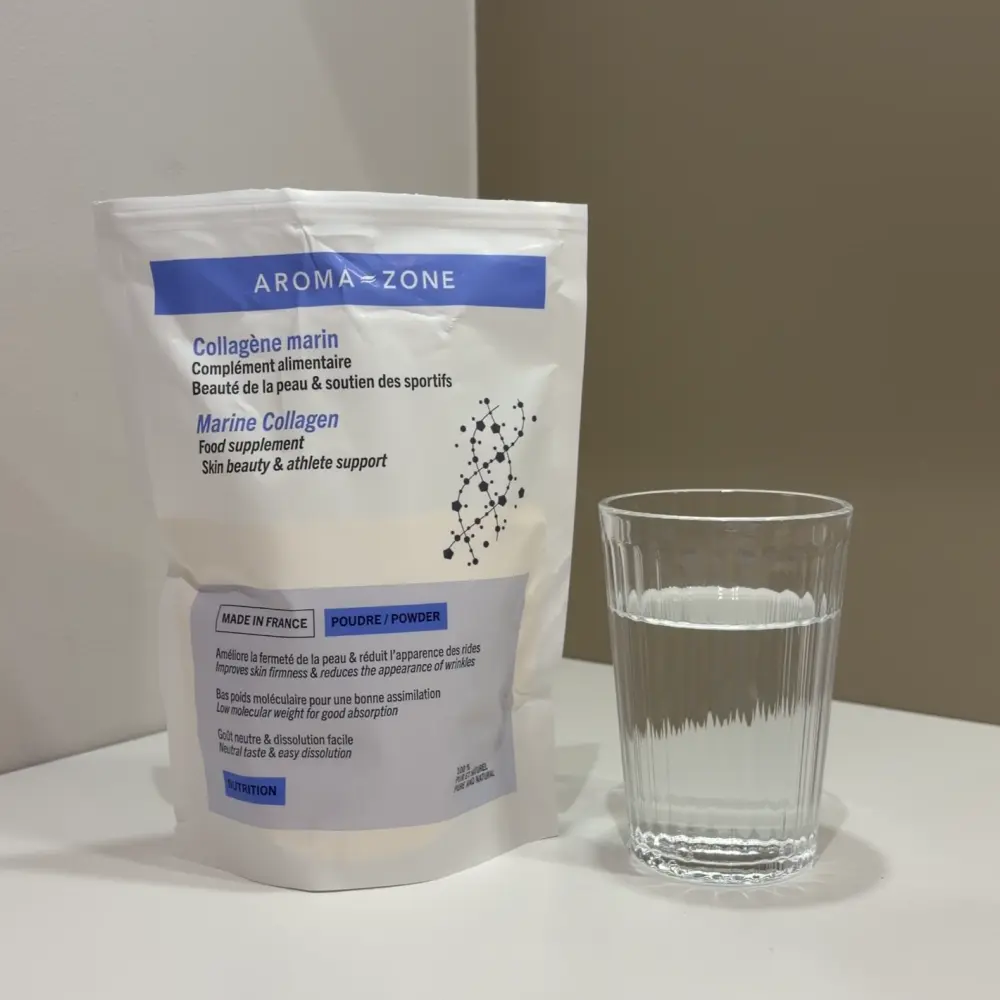 J'ai testé le collagène marin d'Aromazone : avis sur ce complément beauté 3 collagene marin aromazone sachet avec verre eau lesavisdemilie