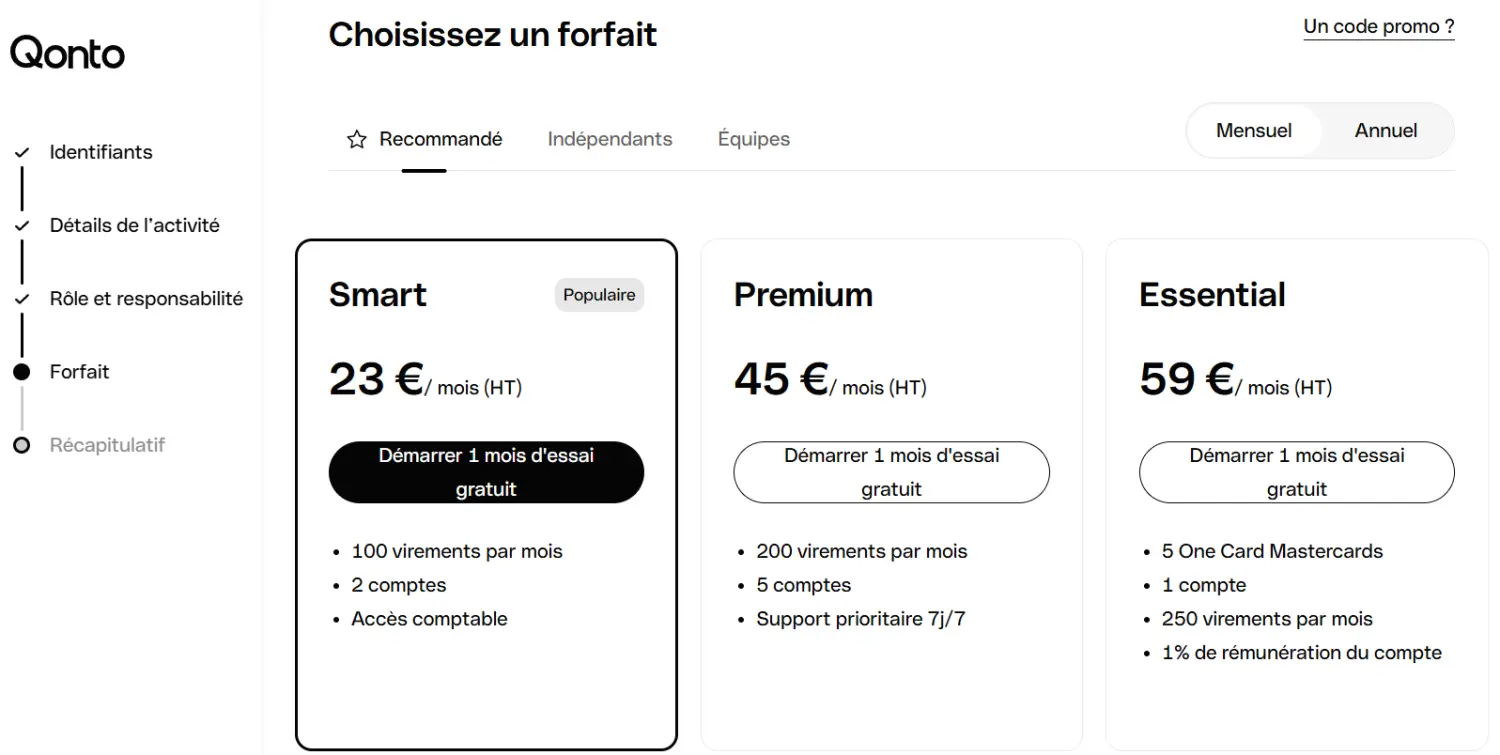 Code Promo Qonto <span class="lp-cpe-masked">EMILIE3M</span> : 3 mois offerts chez Qonto 3 detail etape forfaits saisie code promo page qonto
