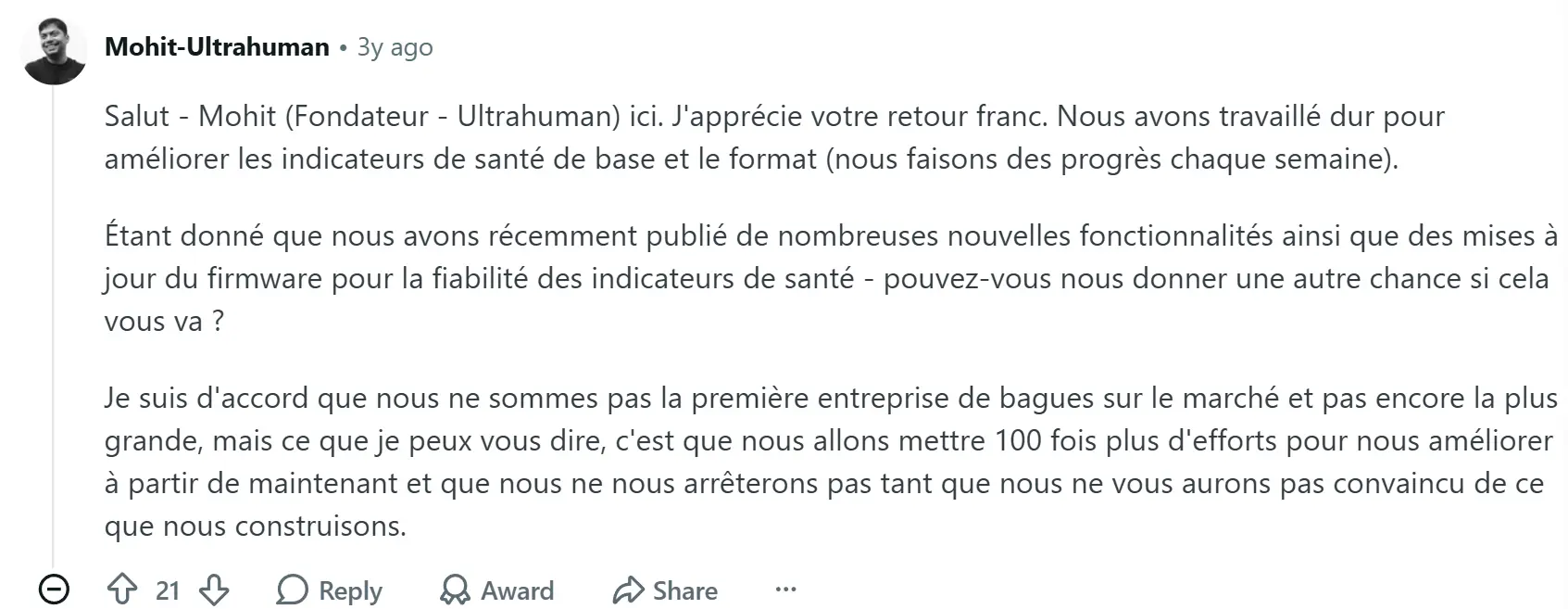 Avis Ultrahuman Ring Air : mon test de la bague connectée sans abonnement 4 extrait commentaire reddit fondateur ultrahuman