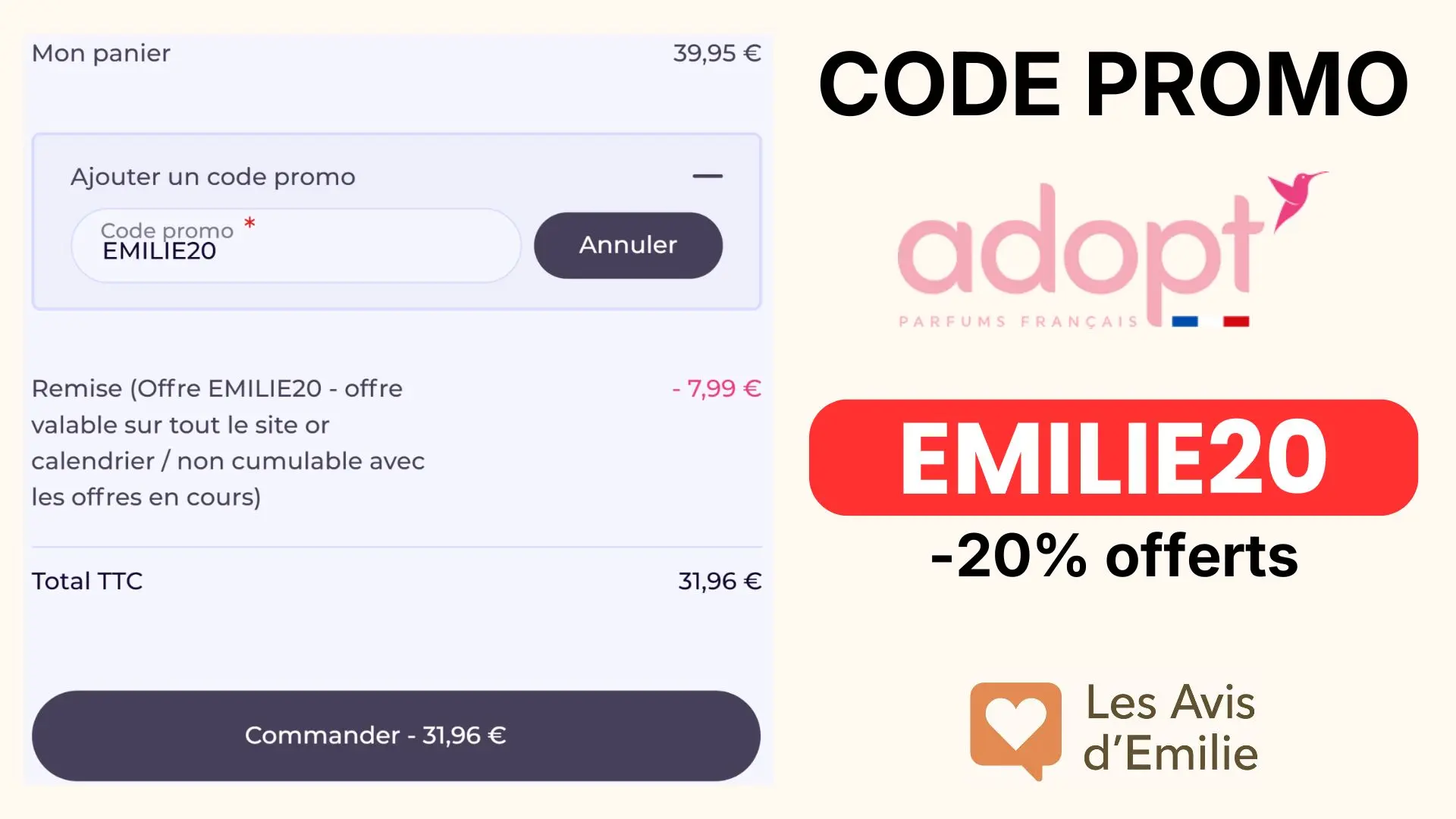 Code Promo Adopt Parfums : <span class="lp-cpe-masked">EMILIE20</span> pour 20% de remise immédiate
