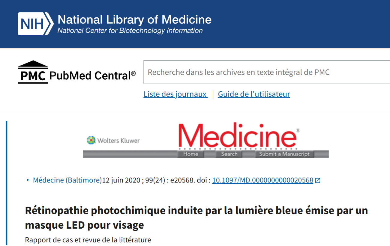 Les dangers du masque LED visage : est-ce dangereux ? Risques réels et les faux 5 cas de probleme yeux masque led etude recensee pubmed