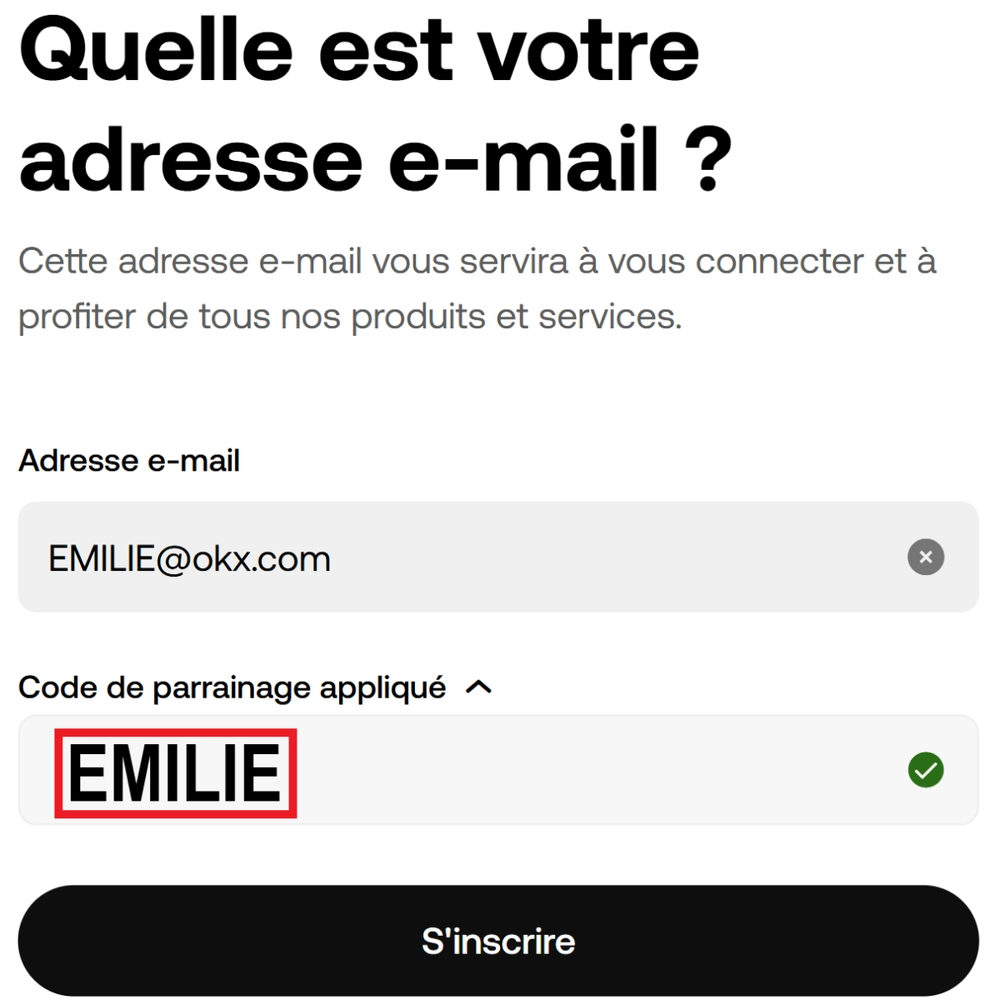 Code Parrainage OKX <span class="lp-cpe-masked">EMILIE</span> : jusqu'à 400 € de bonus de bienvenue ! 4 code parrainage OKX emilie champ inscription