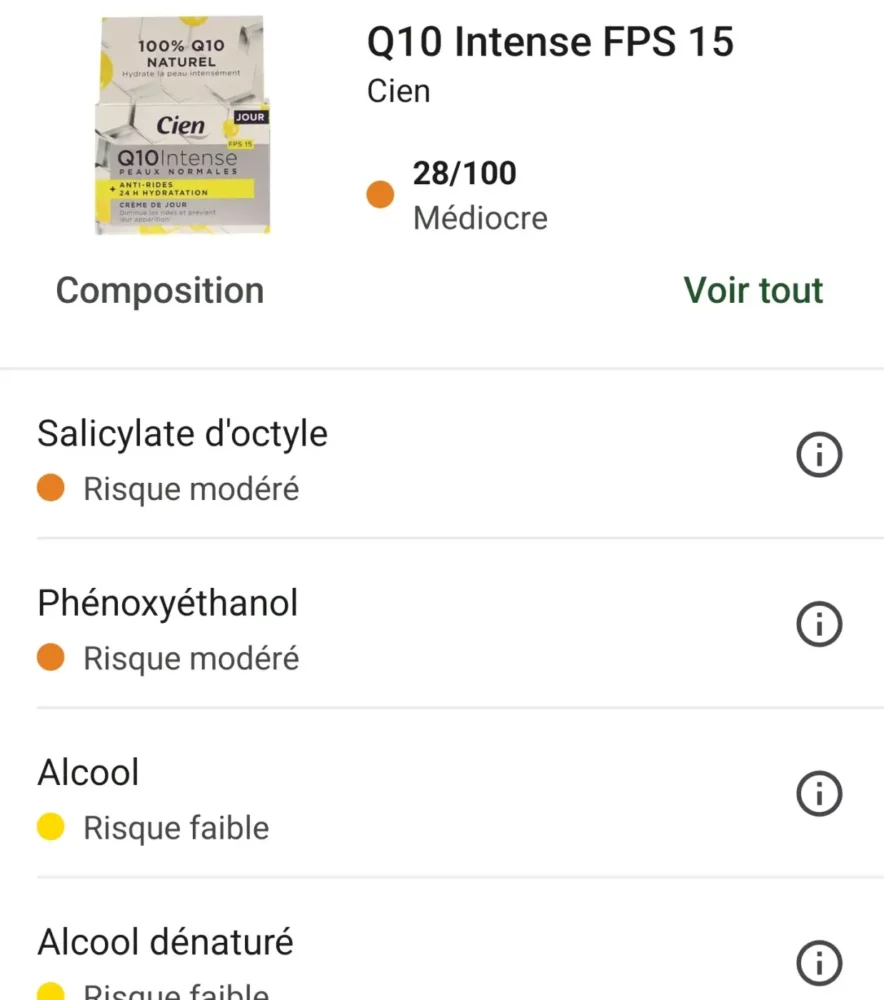 Mon avis sur les crèmes CIEN de Lidl : j'ai testé les Q10 jour et nuit de Lidl pendant trois semaines 6 note yuka creme cien Q10 de jour lidl