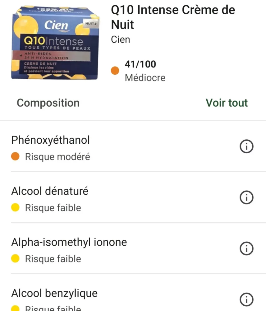 Mon avis sur les crèmes CIEN de Lidl : j'ai testé les Q10 jour et nuit de Lidl pendant trois semaines 7 note yuka creme cien Q10 de nuit lidl
