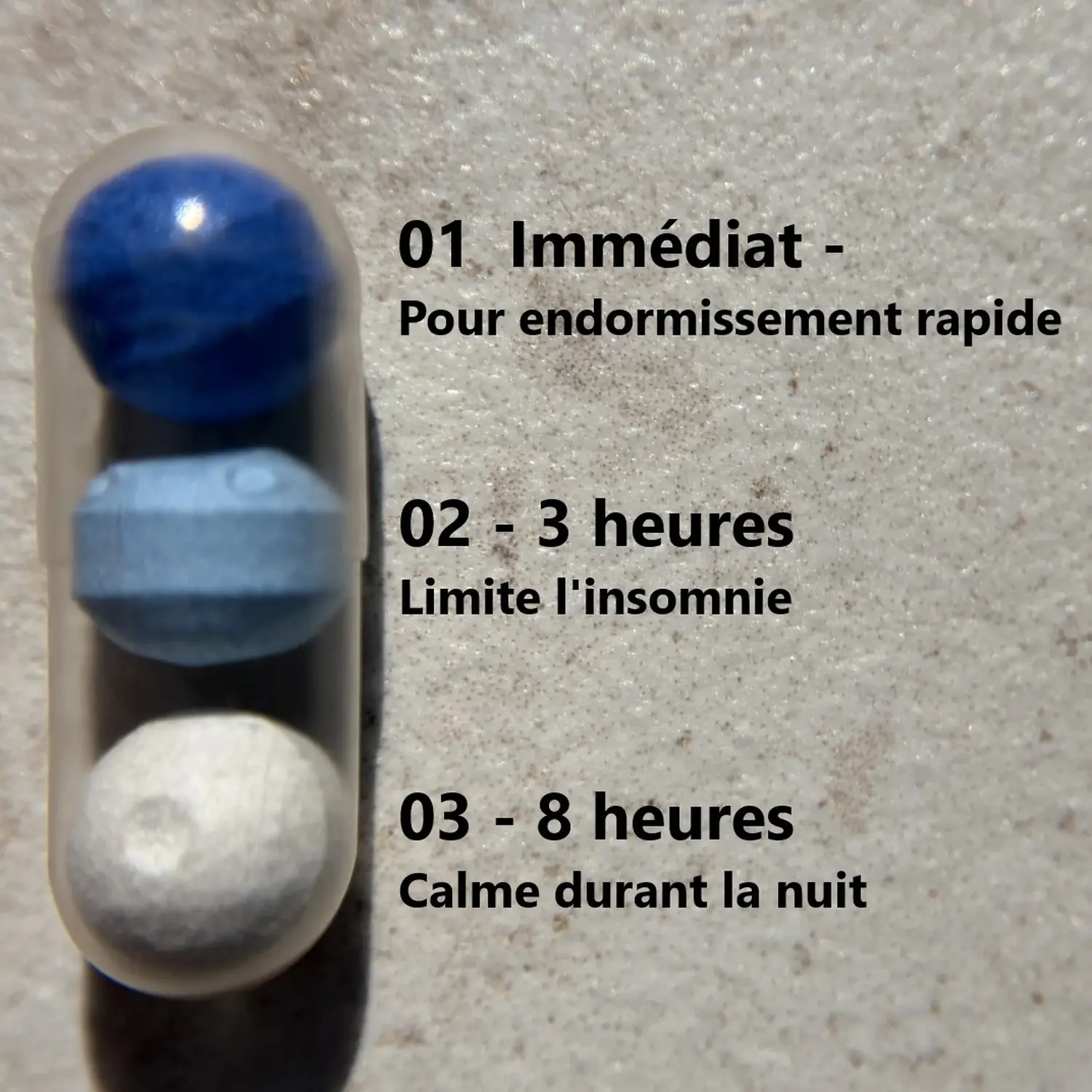 J'ai testé SR-3C de Cuure pour mon sommeil : mon avis complet 3 Gélule Cuure SR-3C en gros plan avec les trois billes annotées : immédiat, 3 heures, 8 heures