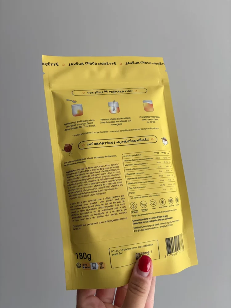 J'ai goûté et analysé Bonjour Kids : mon avis sur cette boisson pour enfant 3 informations nutritionnelles dos sachet boisson bonjour kids