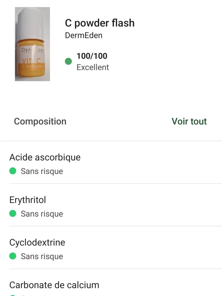 J'ai testé le protocole Vitamine C- Powder Flash de Dermeden : Mon Avis 3 note yuka c powder flash dermeden