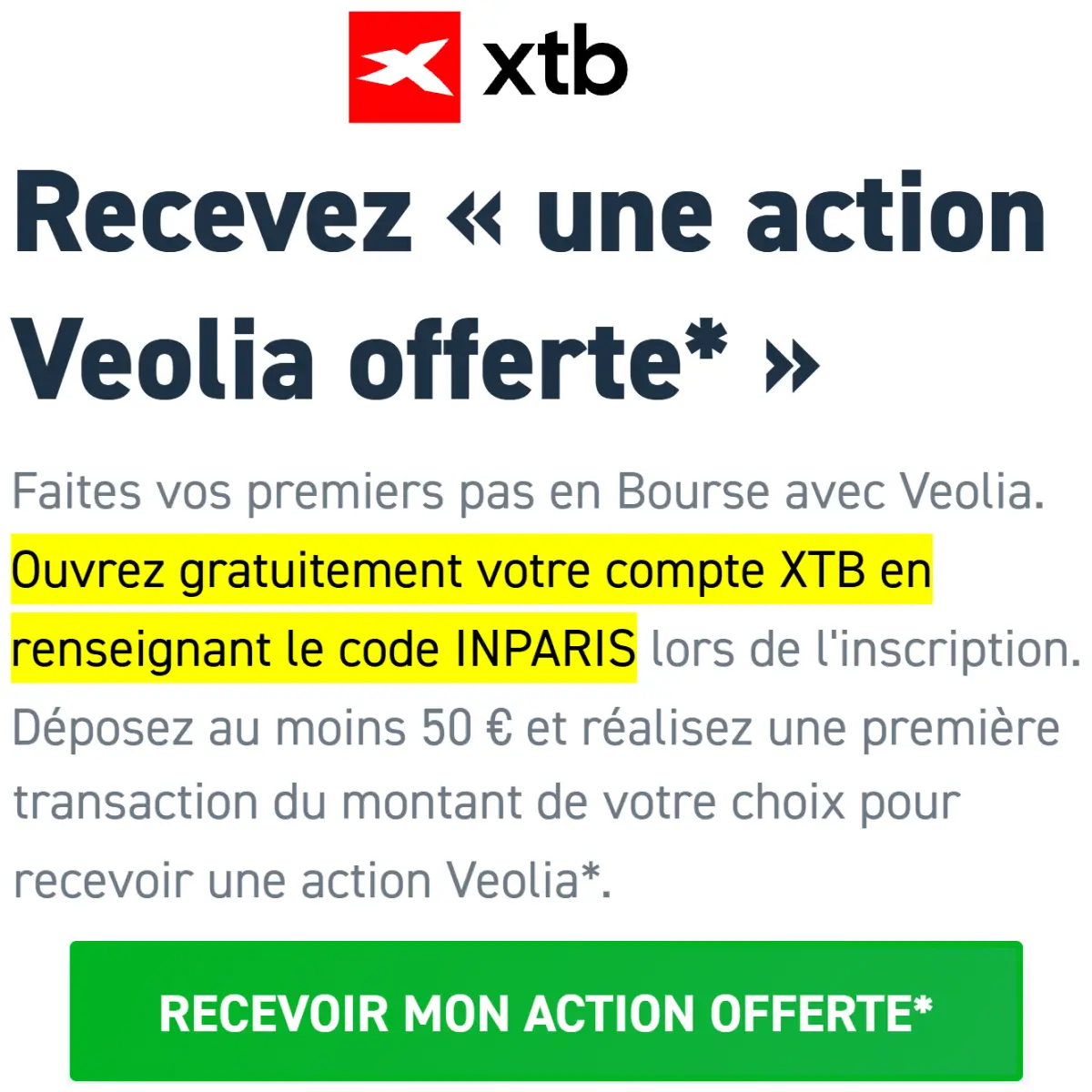 Code parrainage XTB INPARIS pour 1 action Veolia offerte 3 code promo parrainage xtb inparis offre action veolia