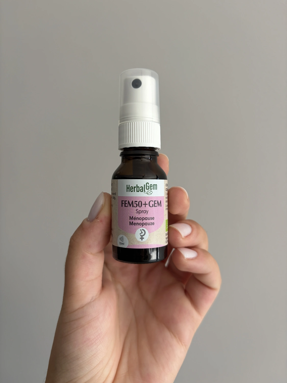 J'ai testé Herbalgem : mon avis sur ménopause FEM50+ et les bourgeons 5 FEM50+ Gem ménopause Herbalgem en format spray 15 ml, ma photo