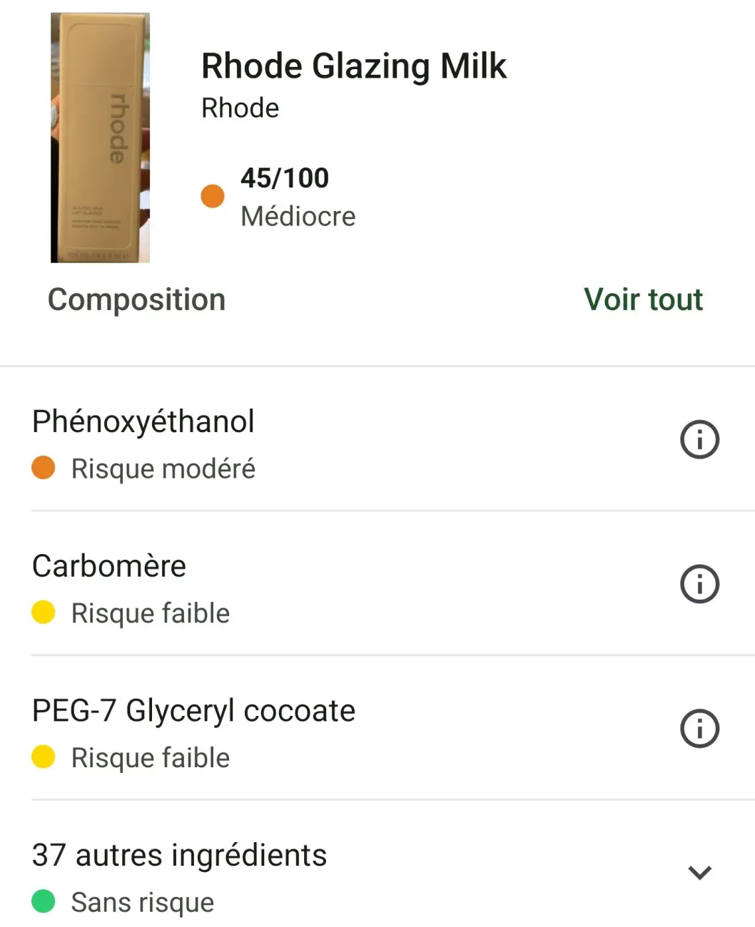 Avis Rhode chez Sephora France : j'ai testé 4 produits de la marque de Hailey Bieber 8 Note Yuka du Glazing Milk Rhode : 45/100 médiocre